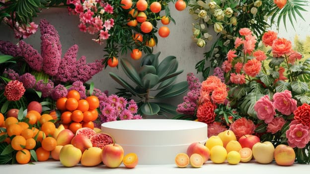 A colorful display of fruits and flowers, including apples, oranges, and roses. The arrangement is vibrant and lively, creating a cheerful and inviting atmosphere