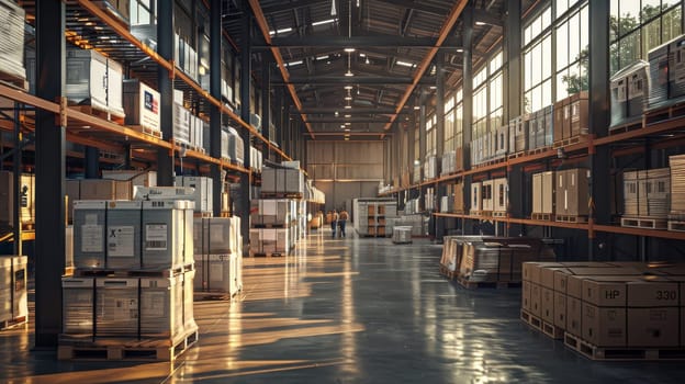 A warehouse with a lot of boxes and pallets. The boxes are stacked on top of each other and the pallets are on the floor. There are two people in the warehouse, one on the left and one on the right