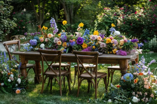 A table with a variety of flowers and chairs set up in a garden. Scene is peaceful and serene, with the flowers and chairs creating a welcoming atmosphere