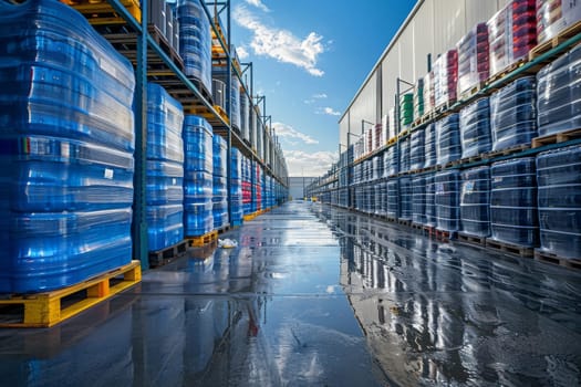 A warehouse with a lot of boxes and pallets. The boxes are stacked on top of each other and the pallets are on the floor. There are two people in the warehouse, one on the left and one on the right