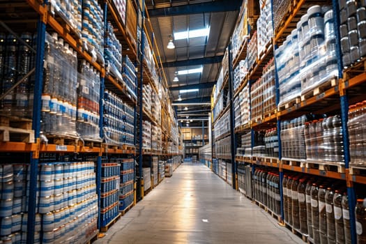 A warehouse with a lot of boxes and pallets. The boxes are stacked on top of each other and the pallets are on the floor. There are two people in the warehouse, one on the left and one on the right