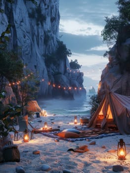 A campsite with a tent and a fire pit. The scene is set in a rocky area with a beach nearby. The atmosphere is cozy and inviting, with the fire providing warmth and light