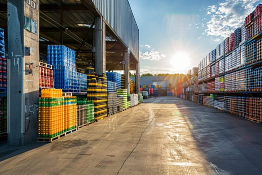 A warehouse with a lot of boxes and pallets. The boxes are stacked on top of each other and the pallets are on the floor. There are two people in the warehouse, one on the left and one on the right