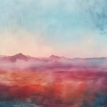 A breathtaking natural landscape painting depicting the afterglow of a sunset over a calm lake, framed by majestic mountains and a sky filled with colorful clouds and cumulus formations