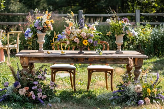 A table with a beautiful floral arrangement and wooden chairs. The table is set for a special occasion, and the flowers are arranged in a way that creates a warm and inviting atmosphere