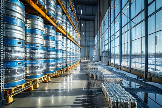 A warehouse with a lot of boxes and pallets. The boxes are stacked on top of each other and the pallets are on the floor. There are two people in the warehouse, one on the left and one on the right