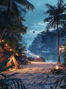 A campsite with a tent and a fire pit. The scene is set in a rocky area with a beach nearby. The atmosphere is cozy and inviting, with the fire providing warmth and light