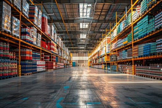 A warehouse with a lot of boxes and pallets. The boxes are stacked on top of each other and the pallets are on the floor. There are two people in the warehouse, one on the left and one on the right