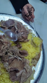 boiled rice with lamb, food lunch cooking dinner. High quality photo