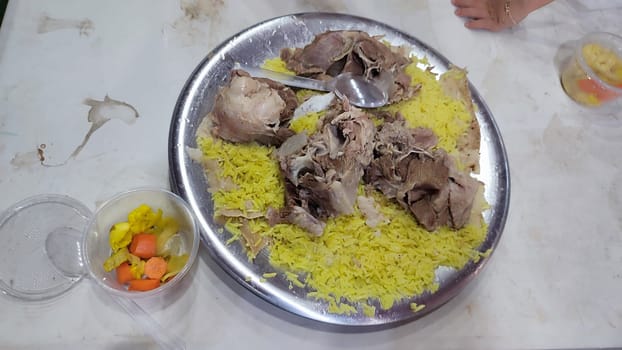 boiled rice with lamb, food lunch cooking dinner. High quality photo