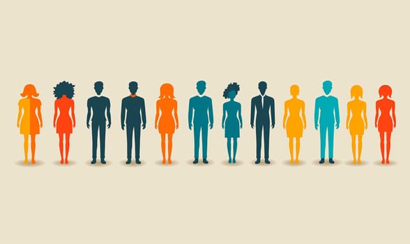 Pictogram of people in color on a white background. Selective soft focus.