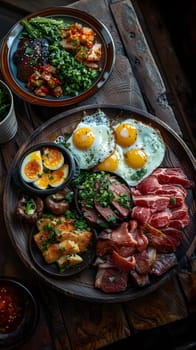 A wooden tray displaying a variety of dishes and ingredients sits on a rustic table. Staple foods, leafy vegetables, eggs, and other produce are featured in this delicious spread