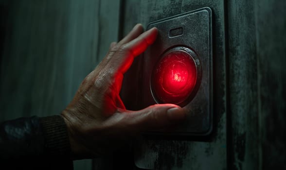 The hand touches the red button. Selective soft focus.