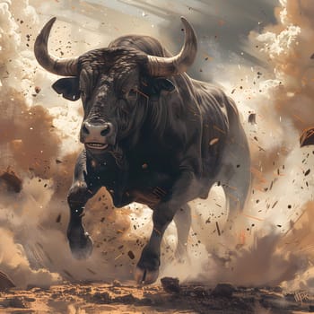 A Bullfighting event is taking place with a powerful Bull running through a cloud of dust, showcasing the strength and agility of this terrestrial working animal