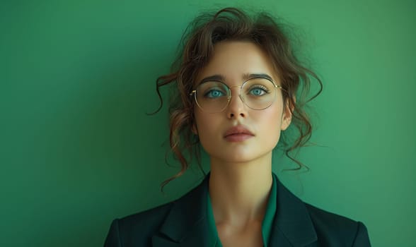 Woman in Glasses Posing With Green Wall. Selective soft focus.