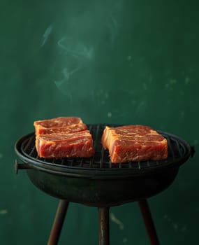 Two pieces of meat cooking on a grill. Selective focus