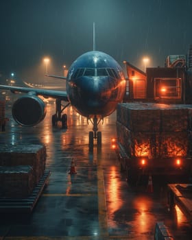 Loading cargo onto an airplane. Selective soft focus.