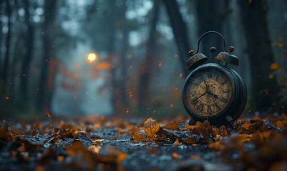 Alarm clock in the autumn forest. Selective soft focus.