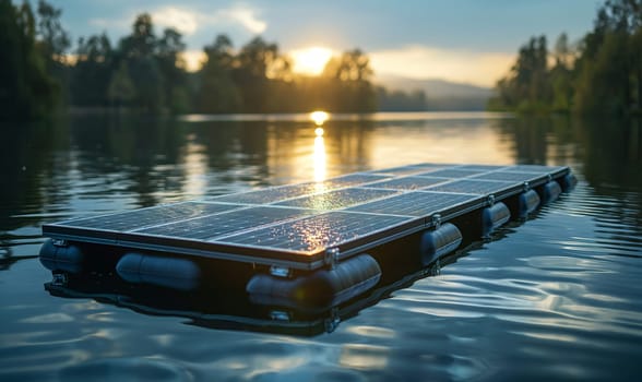 Floating solar panel system on a lake. Selective soft focus.