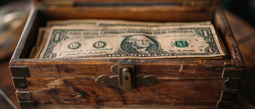 Wooden box with dollar bills. Selective focus