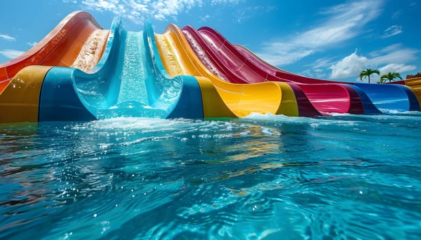 Explore the colorful water slide in a pool at the water park under the blue sky. High quality photo