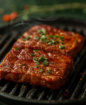 Two pieces of meat cooking on a grill. Selective focus