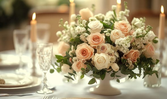 Floral arrangement of various flowers on the festive table. Selective focus