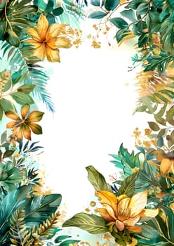 An art piece showcasing vibrant tropical flowers and leaves painted in watercolor on a white background, capturing the beauty of terrestrial plant organisms in intricate patterns