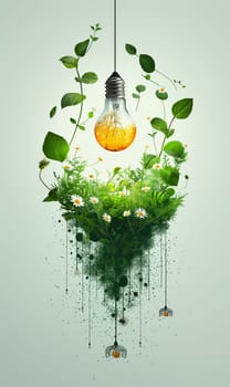 Green energy concept. A light bulb hanging above the plants. Selective focus