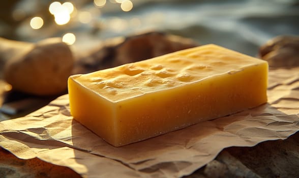 Bar of soap resting on top of wax paper. Selective focus.