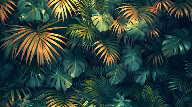 A closeup of vibrant tropical leaves from various plants and trees on a dark background, creating a stunning natural landscape with lush foliage