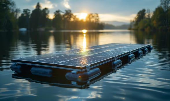 Floating solar panel system on a lake. Selective soft focus.