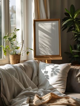 A cozy living room with comfortable furniture such as a couch with pillows, a picture frame, and a plant in a flowerpot, creating a warm and inviting interior design with a touch of nature