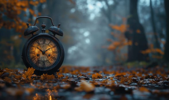 Alarm clock in the autumn forest. Selective soft focus.