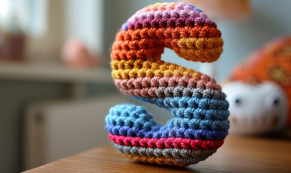 Knitted colored letter S on an abstract background. Selective focus.