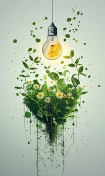Green energy concept. A light bulb hanging above the plants. Selective focus