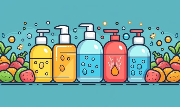 An illustration of various soap bottles. Selective soft focus.