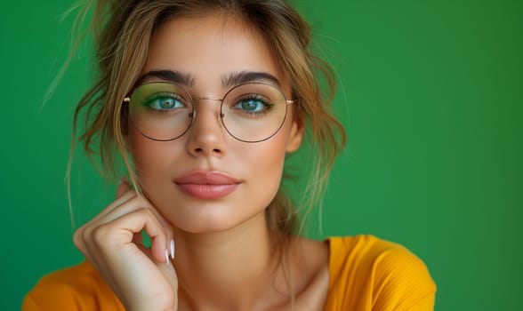 Woman in Glasses Posing With Green Wall. Selective soft focus.