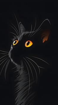 A Felidae carnivore with small to mediumsized body, black fur and yellow eyes gazes up in the darkness, showcasing its whiskers and snout