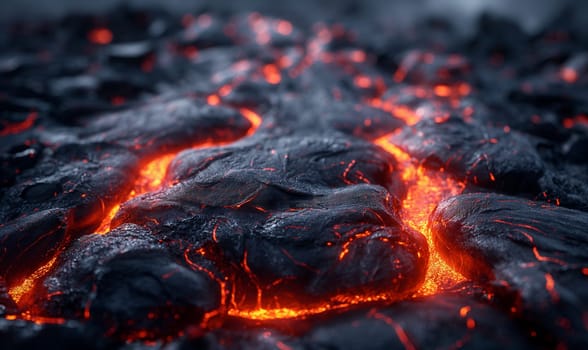 Abstract background of extinct lava with red gaps. Selective soft focus.