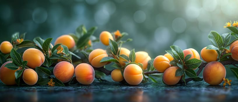 Ripe apricots on the table on a green background. Selective focus.