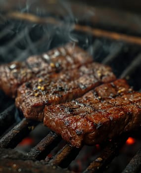 Pieces of meat cooked on the grill. Selective focus