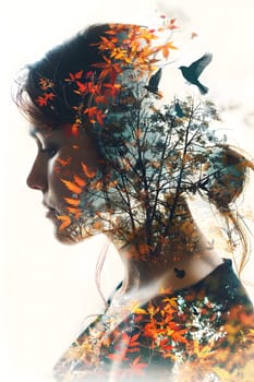 A stunning double exposure portrait combining a woman with a tree and birds in her hair, creating a beautiful and unique piece of art