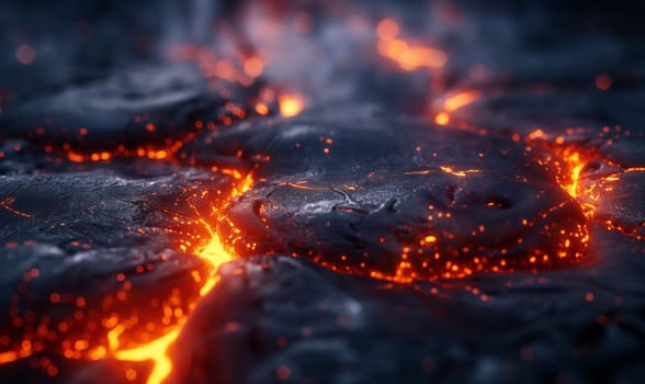 Abstract background of extinct lava with red gaps. Selective soft focus.