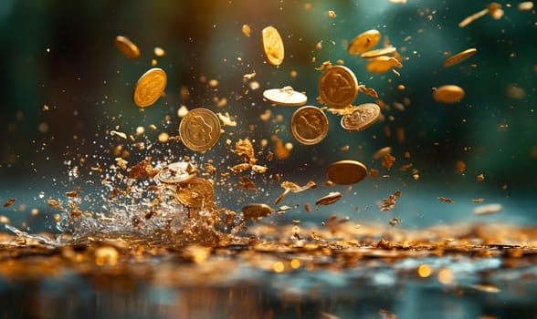 Bitcoin gold coins in dynamic movement. Selective focus