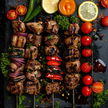 A dish of skewers featuring a mix of meat, vegetables, and citrus fruit from Rangpur. A mouthwatering recipe with natural ingredients, perfect for any cuisine