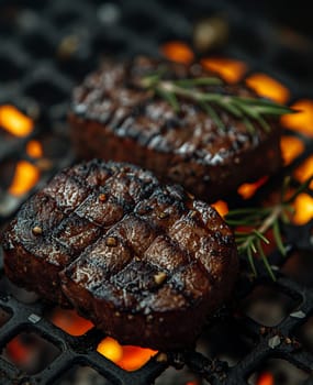 Two pieces of meat cooking on a grill. Selective focus