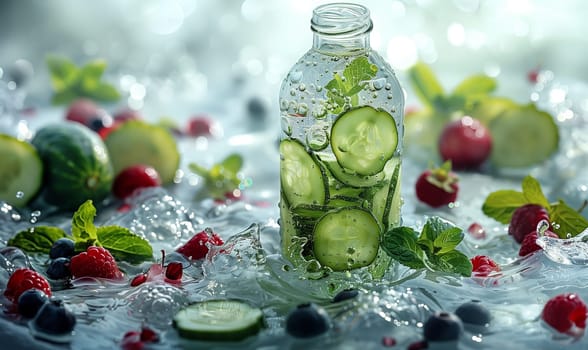 Glass Bottle Filled With Cucumbers and Berries. Selective focus.