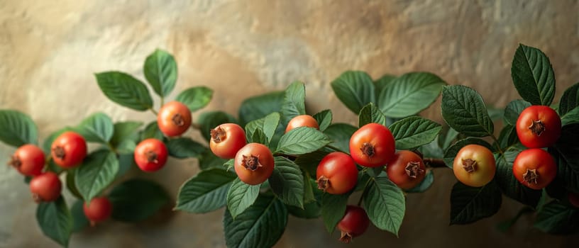 Red Berries and Green Leaves on Branch. Selective focus.