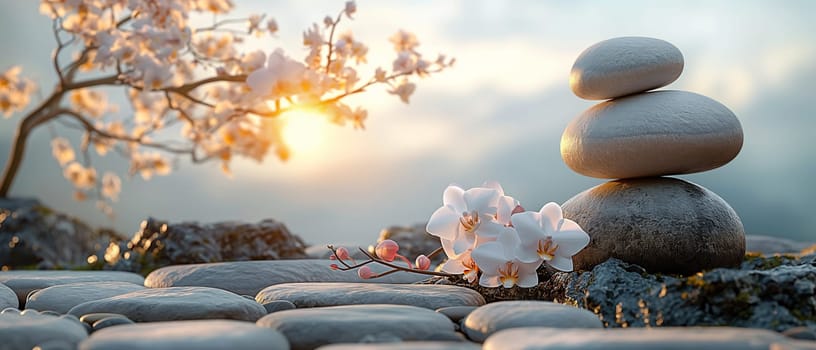 Zen stones and orchid branch. Selective focus.